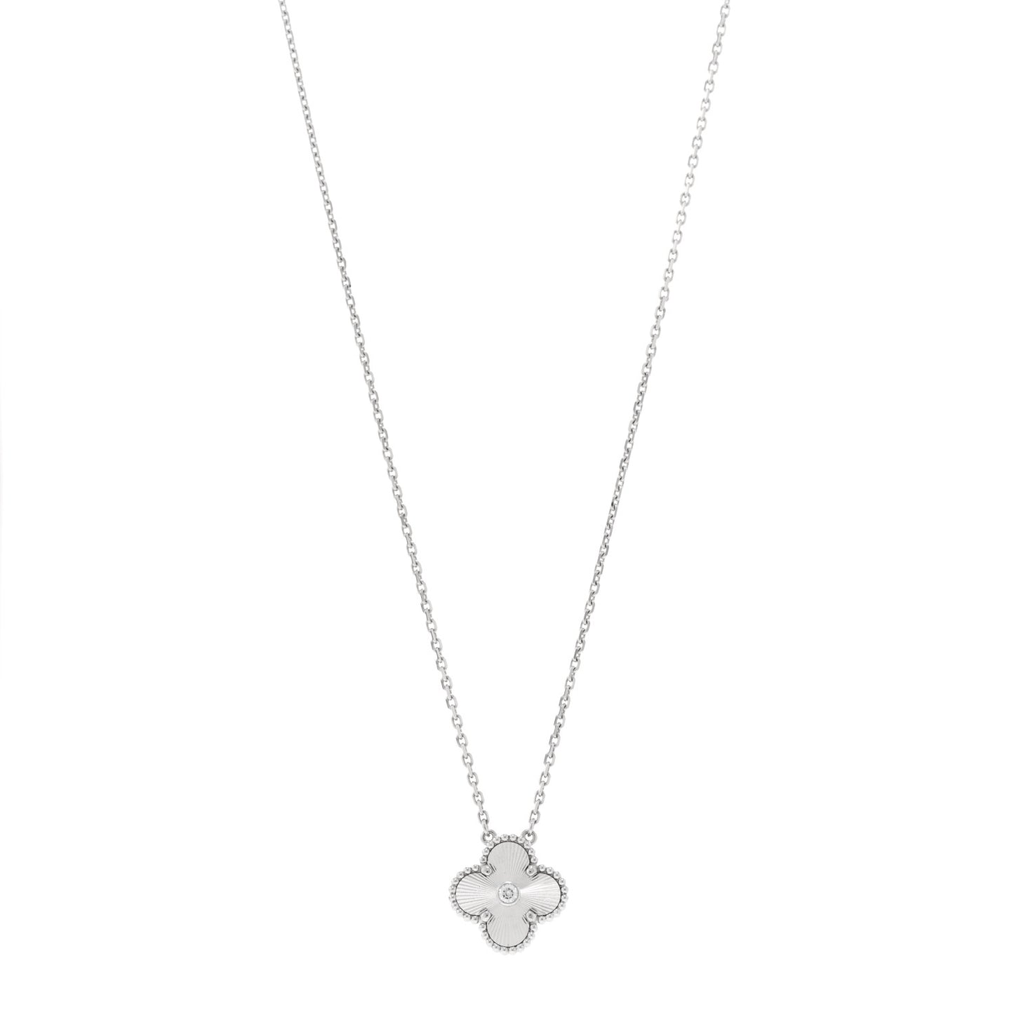 18K White Gold Diamond Guilloche Vintage Alhambra Pendant Necklace