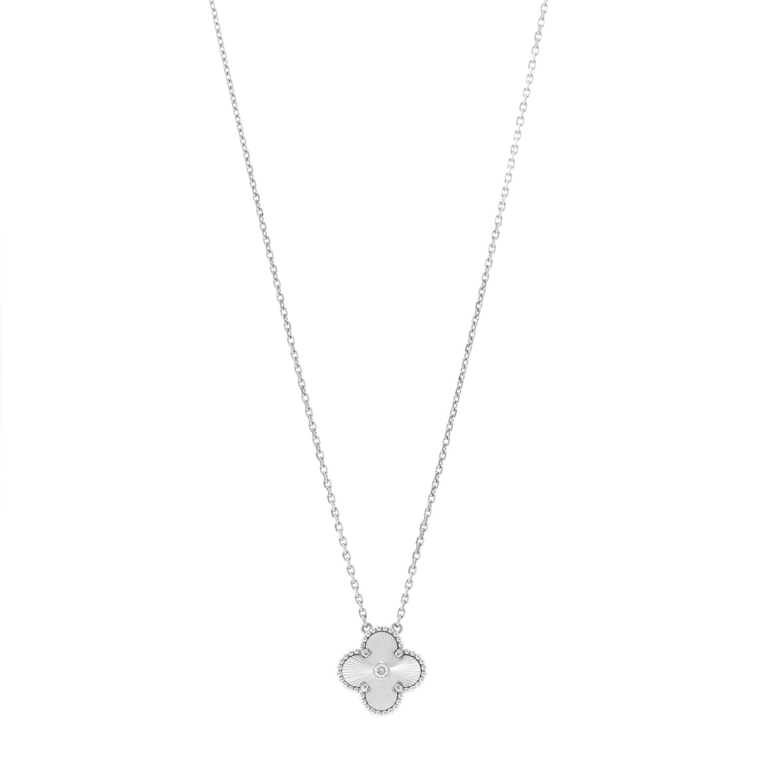 Van Cleef & Arpels 18K White Gold Diamond Guilloche Vintage Alhambra Pendant Necklace 1 of 4