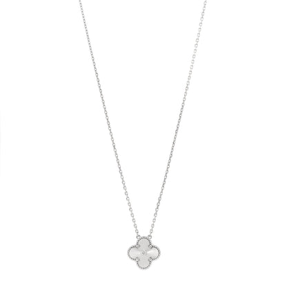 Van Cleef & Arpels 18K White Gold Diamond Guilloche Vintage Alhambra Pendant Necklace 1 of 4