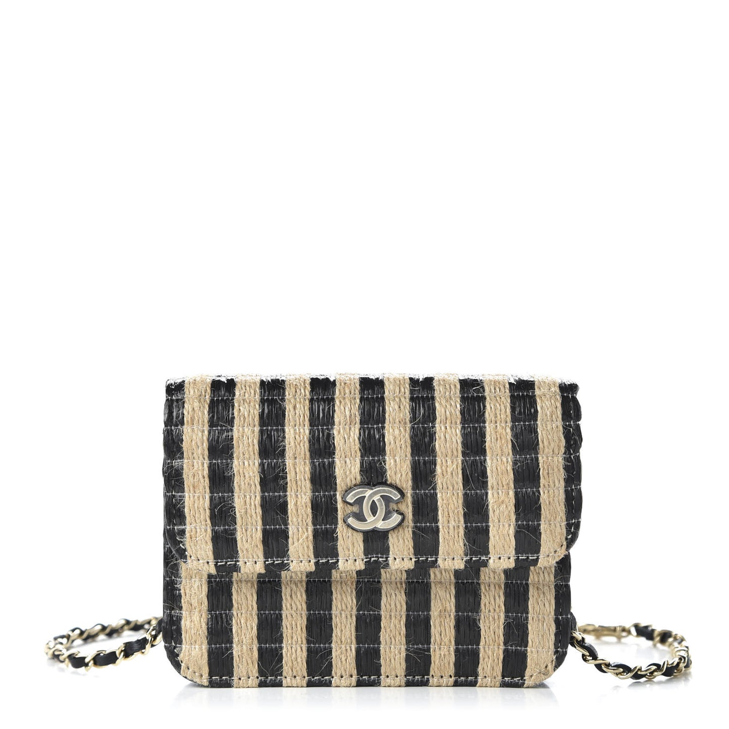 Raffia Jute Striped Belt Bag Black Beige
