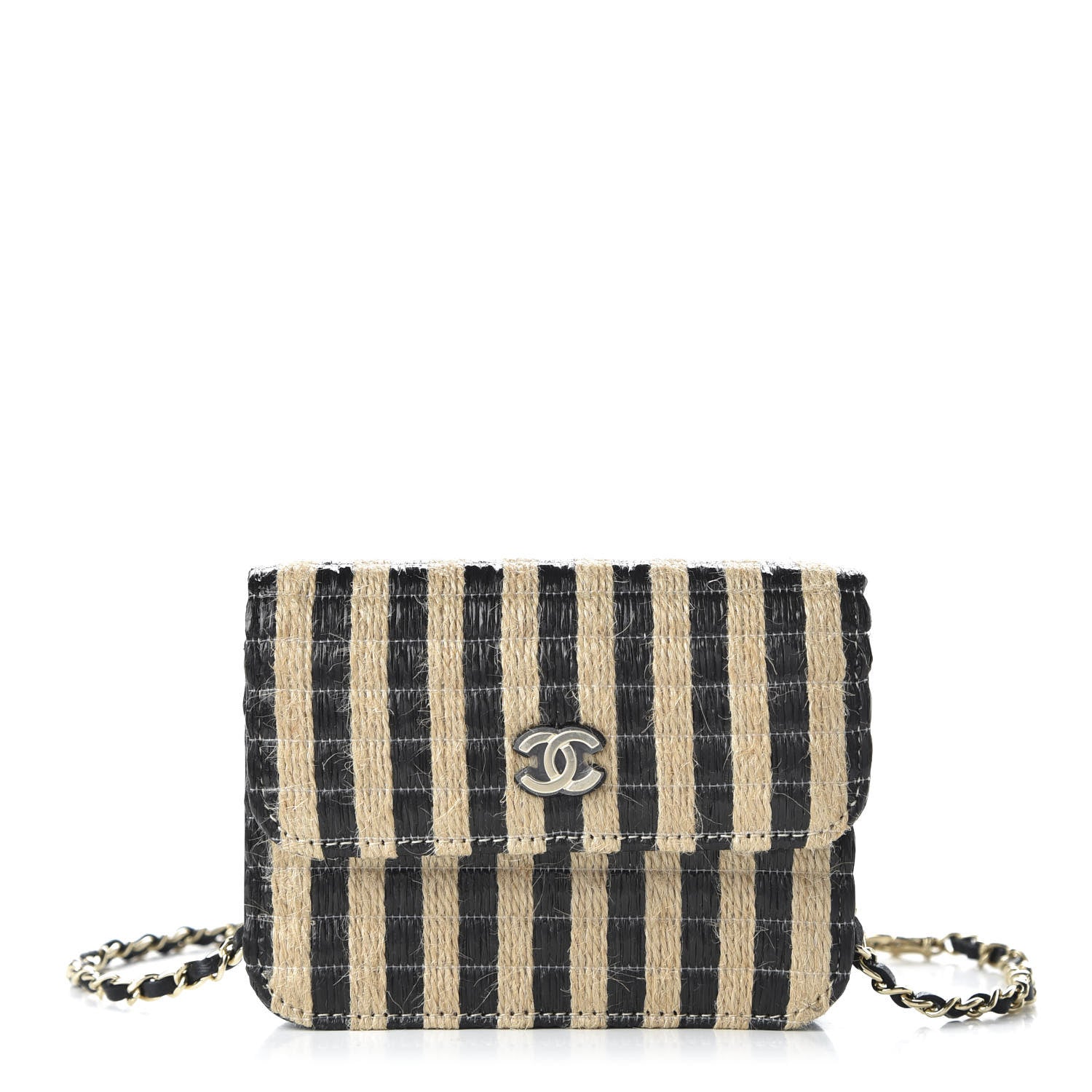 Chanel Raffia Jute Striped Belt Bag Black Beige 1 of 12