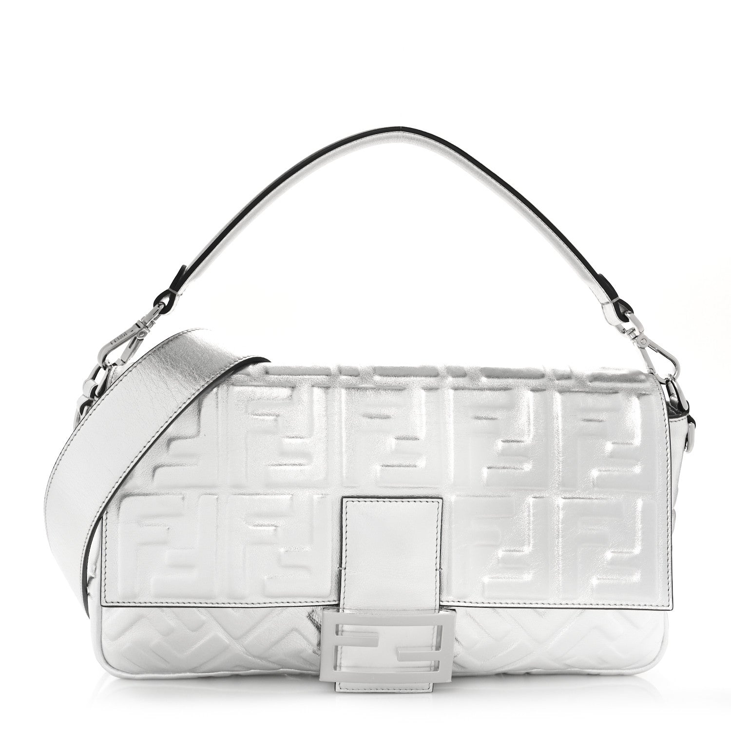Fendi Vitello Catalan Mirror FF 1974 Embossed Large Baguette Argento 1 of 8
