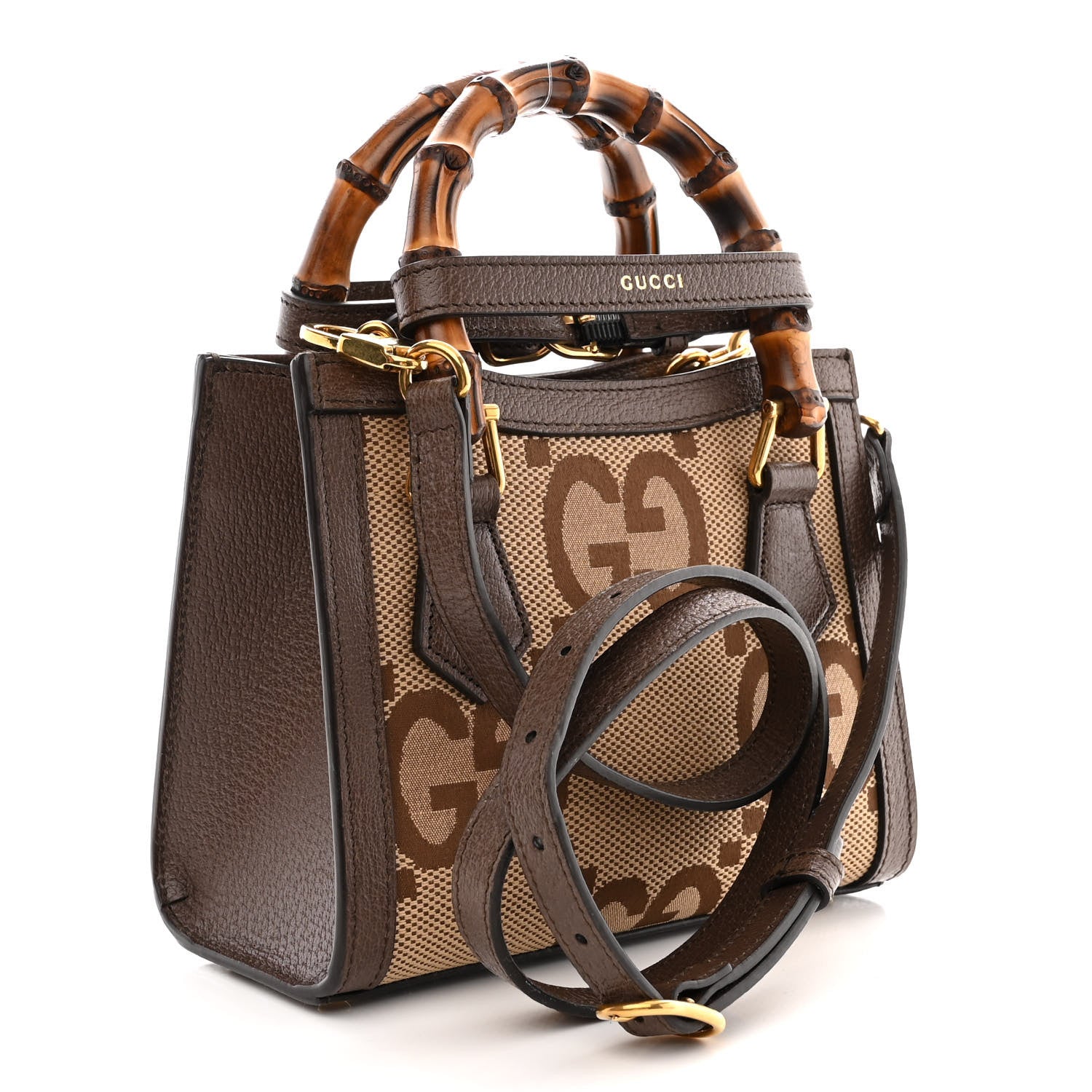 Gucci Monogram Jumbo GG Textured Dollar Calfskin Mini Diana Tote Bag Camel Ebony New Acero 3 of 15