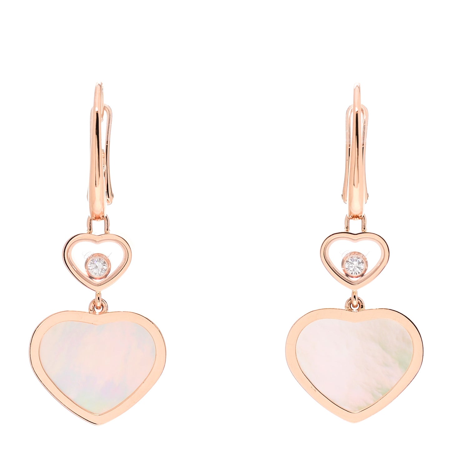 18K Rose Gold Diamond Mother of Pearl Floating Happy Diamonds Hearts Earrings
