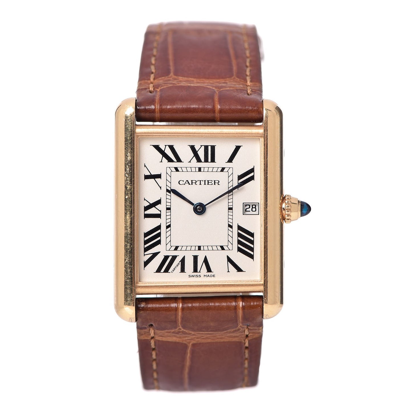 18K Yellow Gold Alligator 26mm Tank Louis Quartz Watch Brown