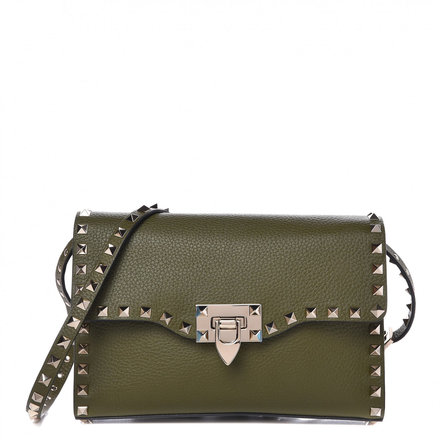 Pebbled Calfskin Medium Rockstud Flip Lock Crossbody Bag Army Green