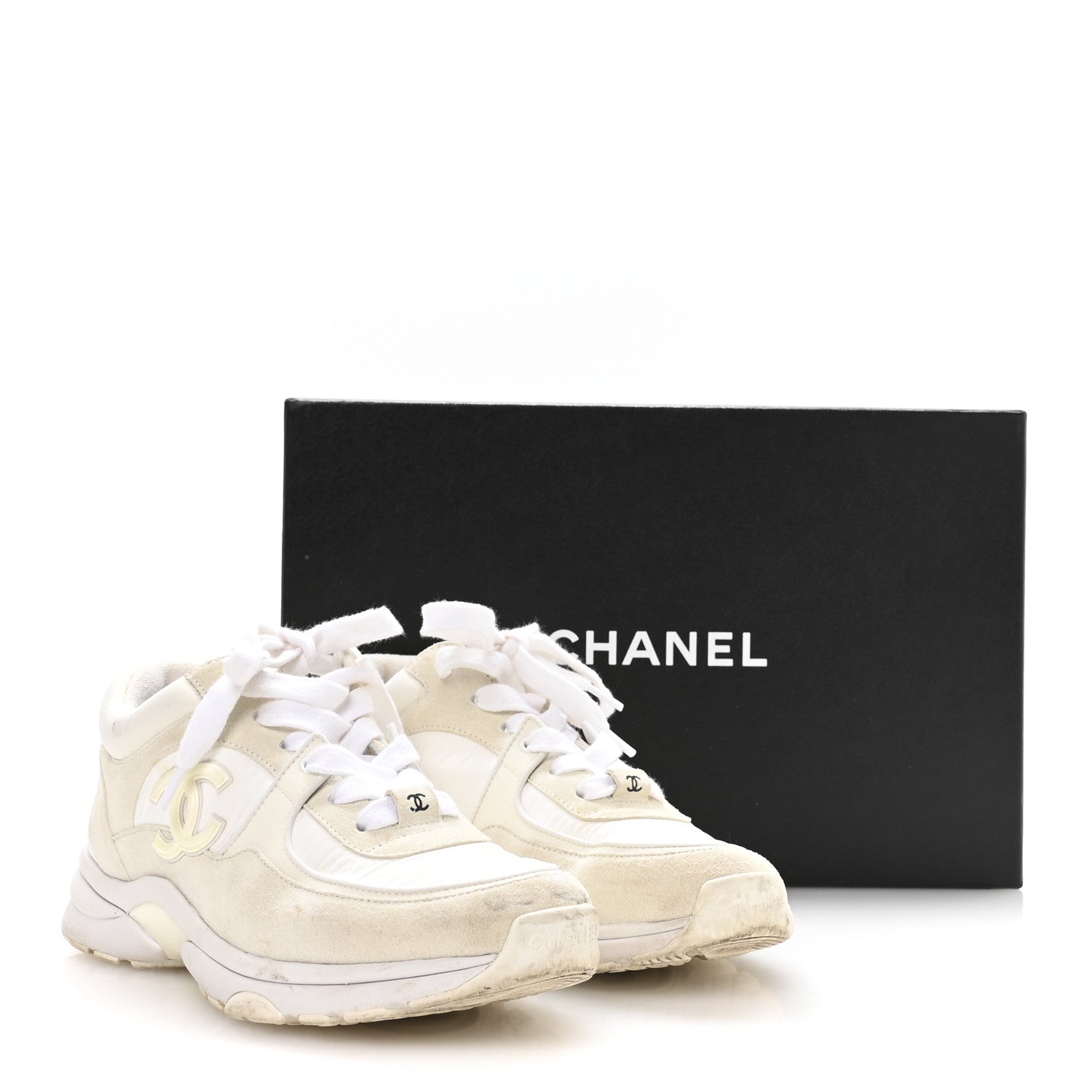 Chanel Suede Calfskin Fabric CC Sneakers 36 White 8 of 8