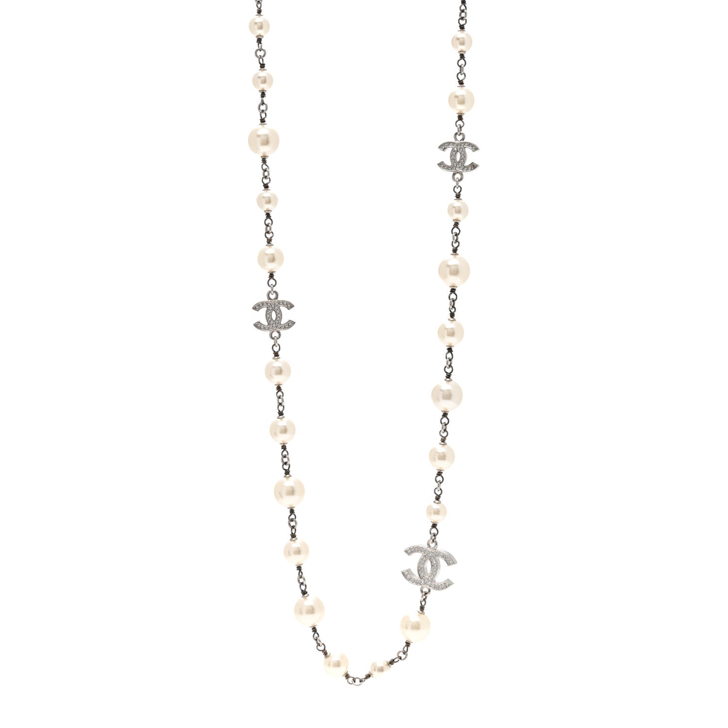 Chanel Graduated Pearl Crystal CC Long Necklace Silver 1 of 5