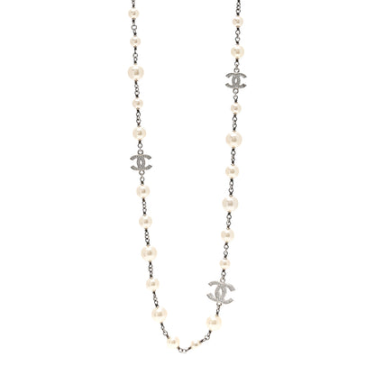 Chanel Graduated Pearl Crystal CC Long Necklace Silver 1 of 5
