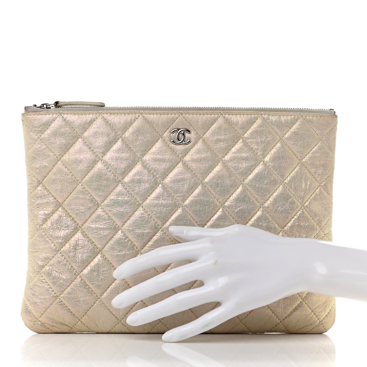 Iridescent Lambskin Quilted Medium Cosmetic Case Ivory