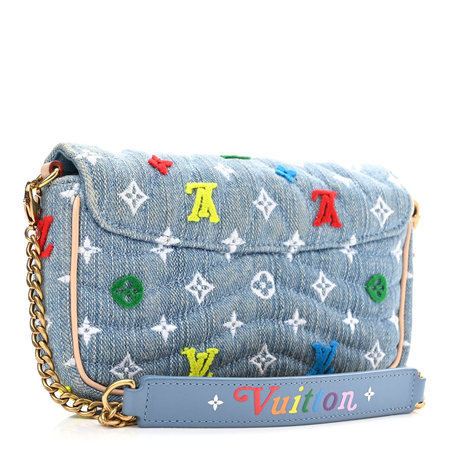 Embroidered Monogram Denim New Wave Chain Pochette Blue