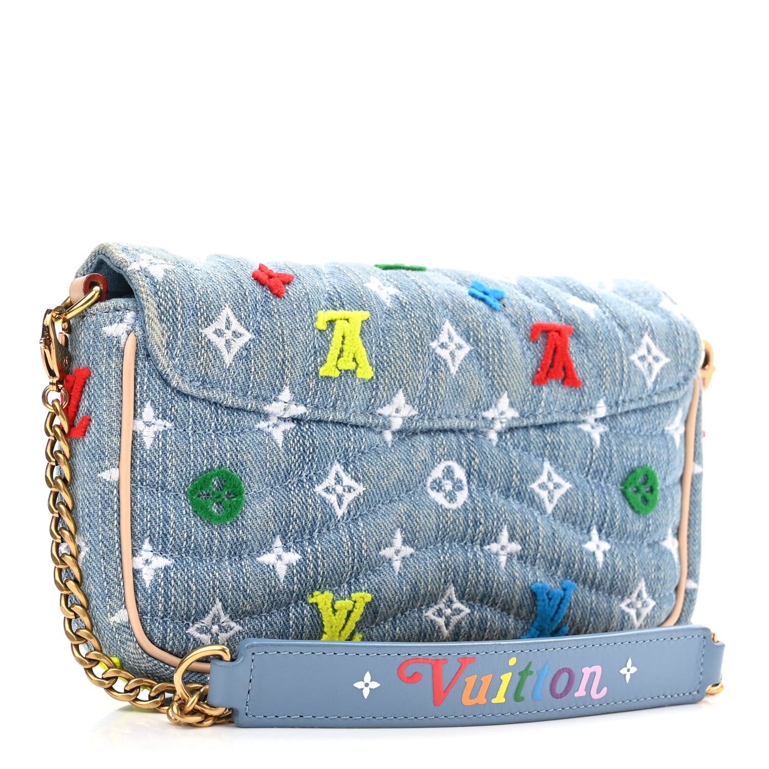 Louis Vuitton Embroidered Monogram Denim New Wave Chain Pochette Blue 3 of 13