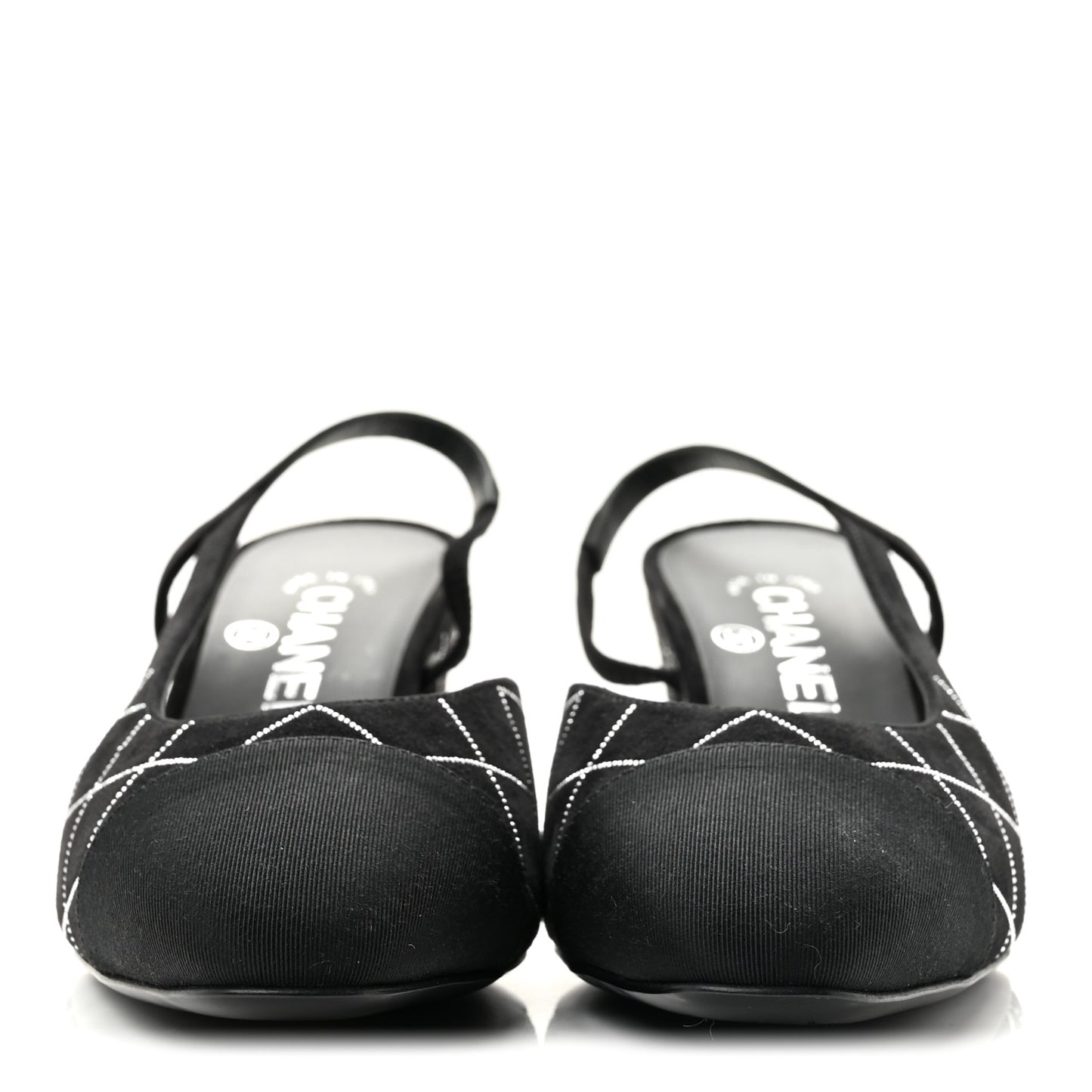 Suede Crystal Grosgrain Cap Toe CC Slingback Pumps 38 Black Silver