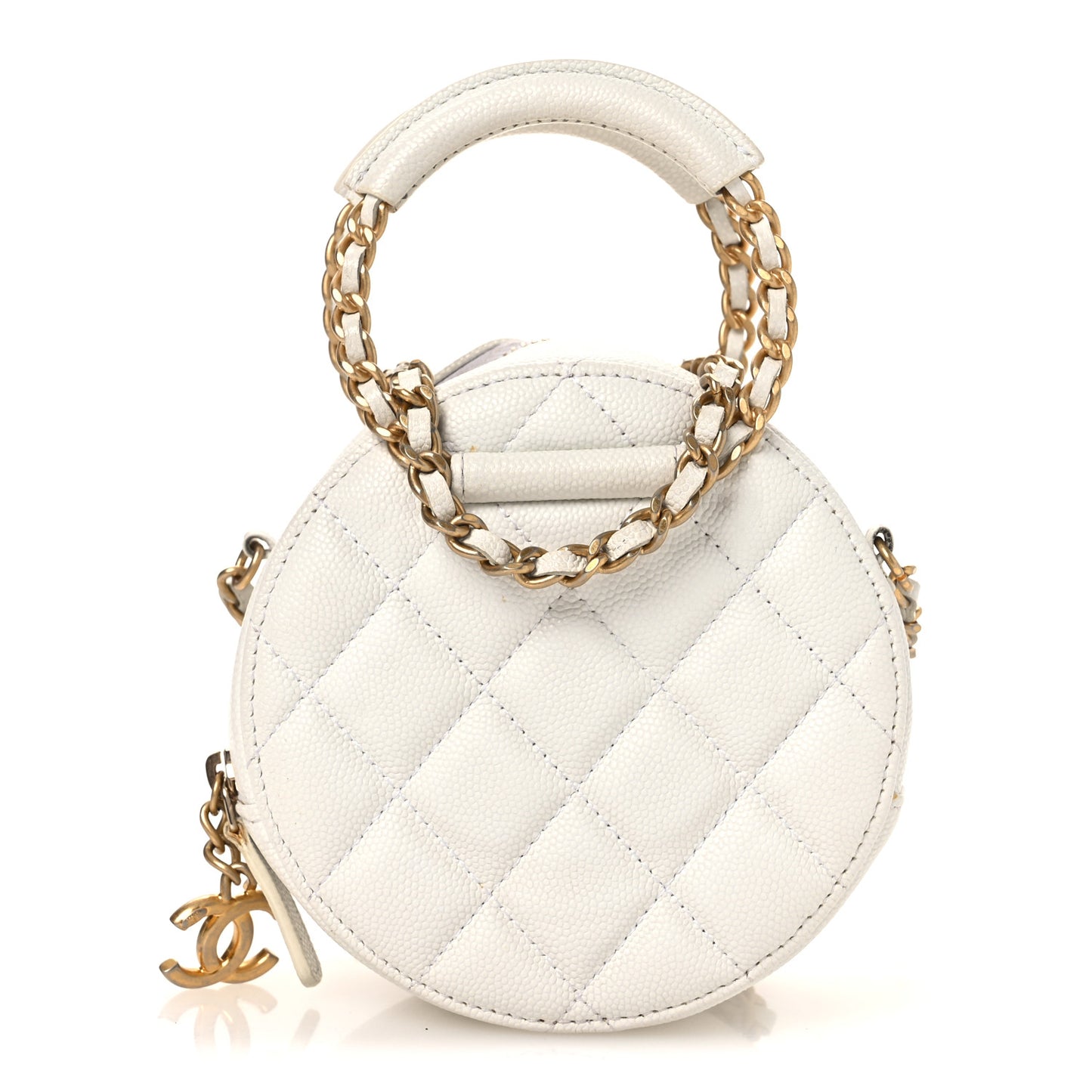 Caviar Quilted Chain Handle Round Clutch With Chain Bag  White