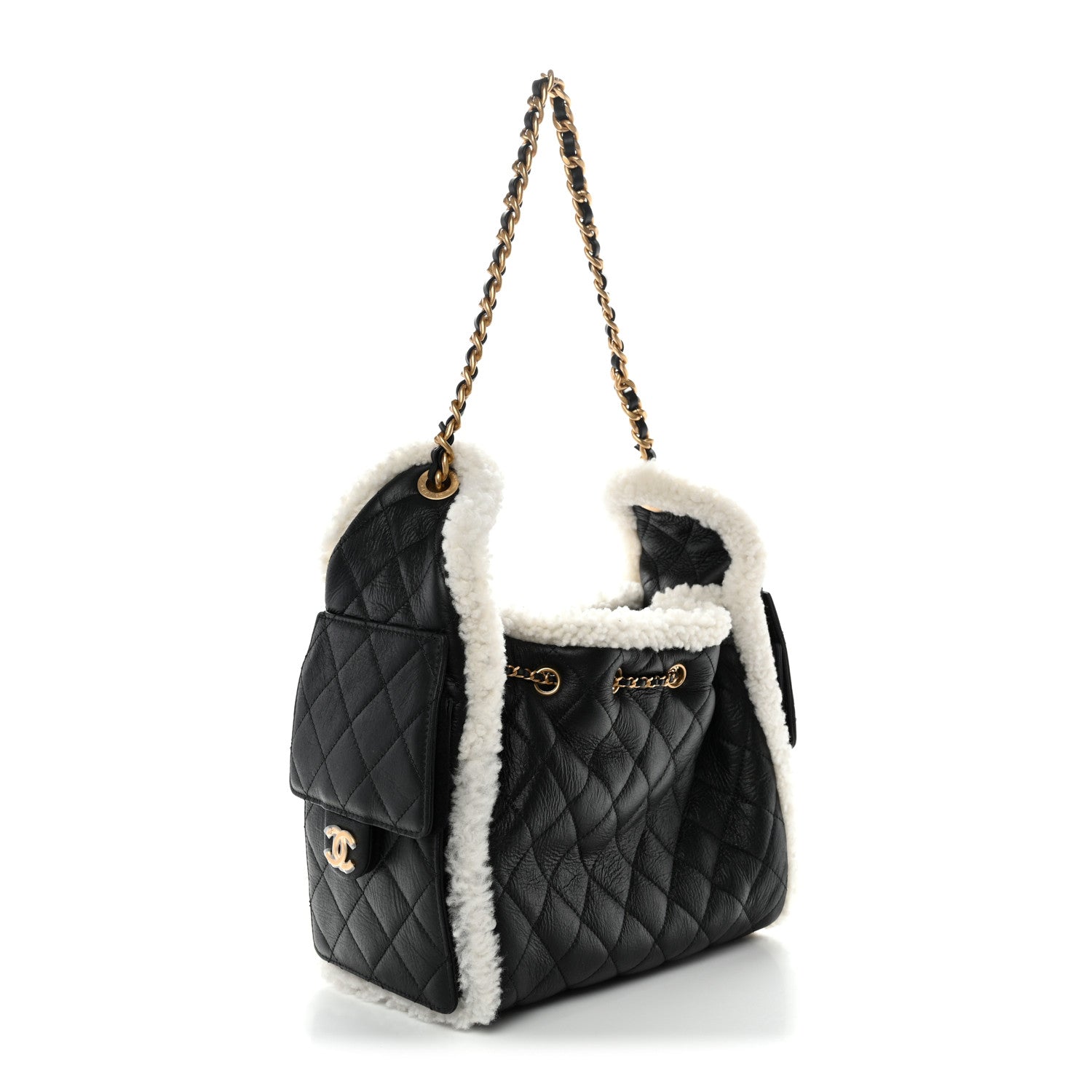 Chanel Crumpled Sheepskin Shearling Quilted Small Chanel 25 Handbag Black White 3 of 11