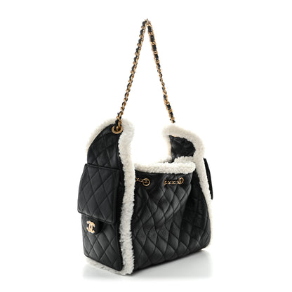 Chanel Crumpled Sheepskin Shearling Quilted Small Chanel 25 Handbag Black White 3 of 11