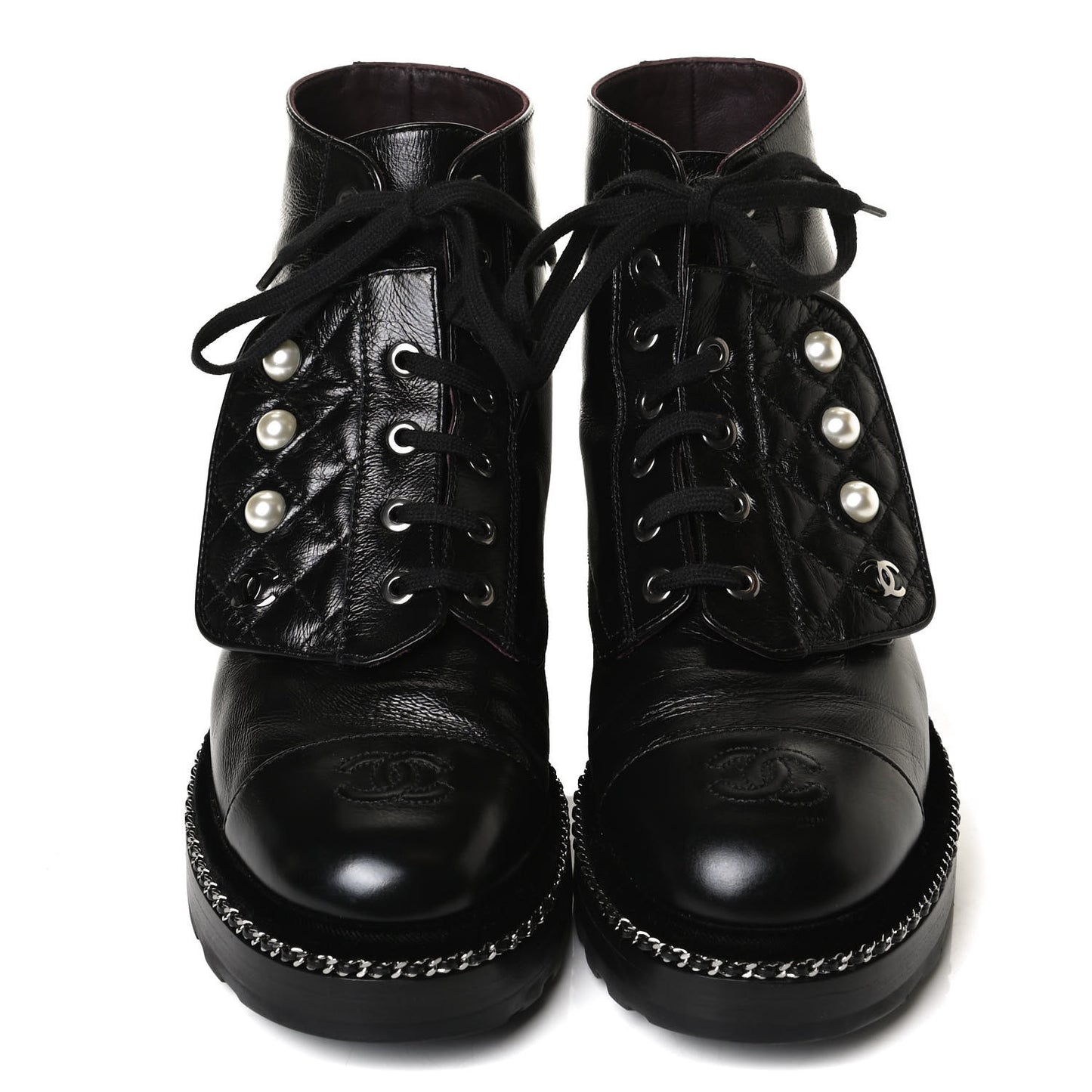 Crackled Calfskin Velvet Pearl Combat Short Boots 37.5 Black