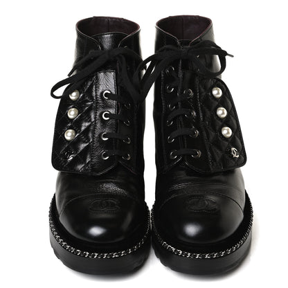 Chanel Crackled Calfskin Velvet Pearl Combat Short Boots 37.5 Black 5 of 15