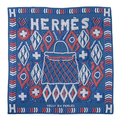 Hermes Silk Kelly En Perles Wash Scarf 140 Bleu Jean Framboise 1 of 5