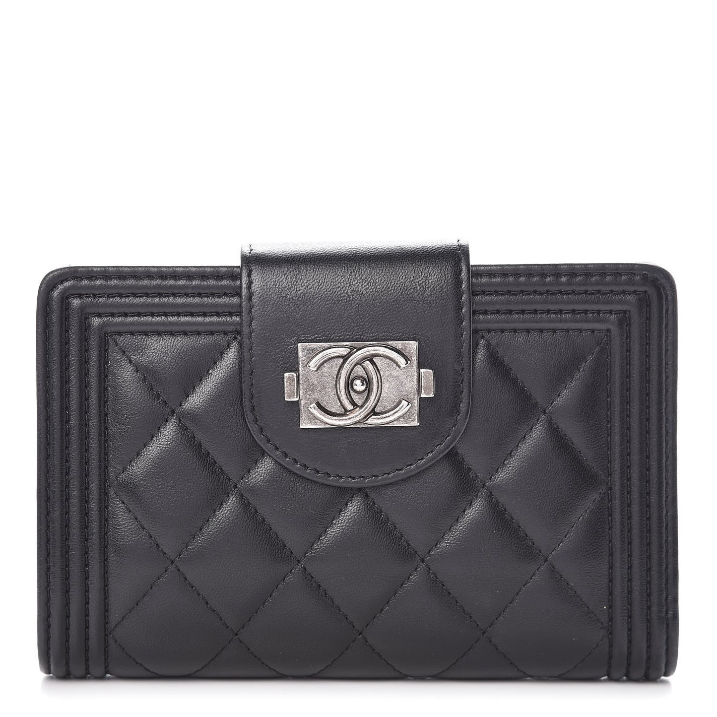 Lambskin Quilted Boy Large Zip Pocket Wallet Black