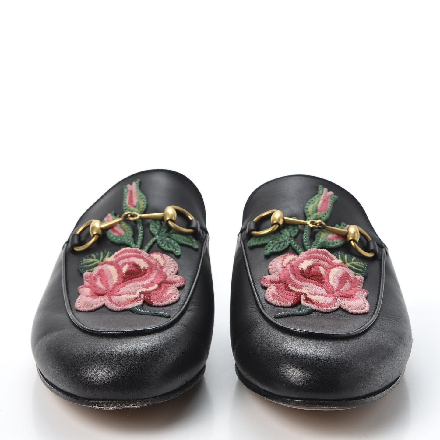 Calfskin Flower Embroidered Womens Princetown Slippers 38 Black