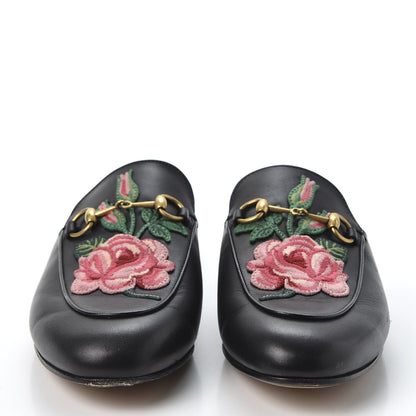 Gucci Calfskin Flower Embroidered Womens Princetown Slippers 38 Black 3 of 13