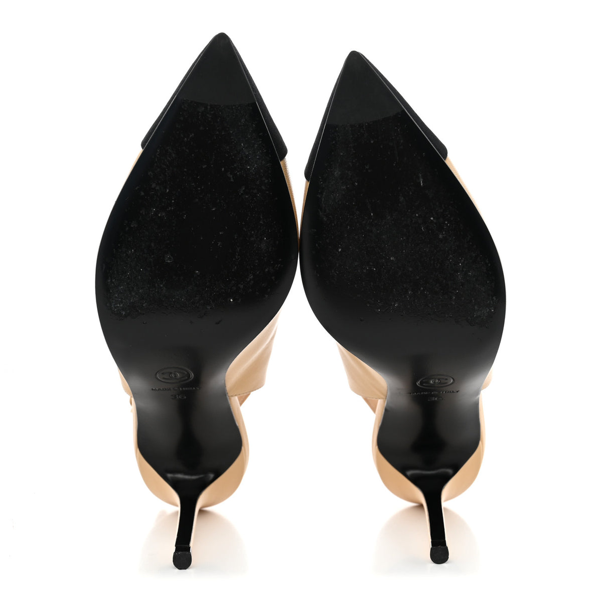 Goatskin Grosgrain Pointed Cap Toe CC Slingback Pumps 36 Beige Black