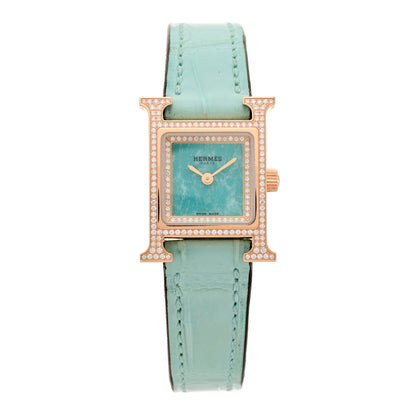 Hermes 18K Rose Gold Alligator Diamond Bezel Amazonite 17.2mm Heure H Hour Quartz Watch Bleu Aqua 1 of 4