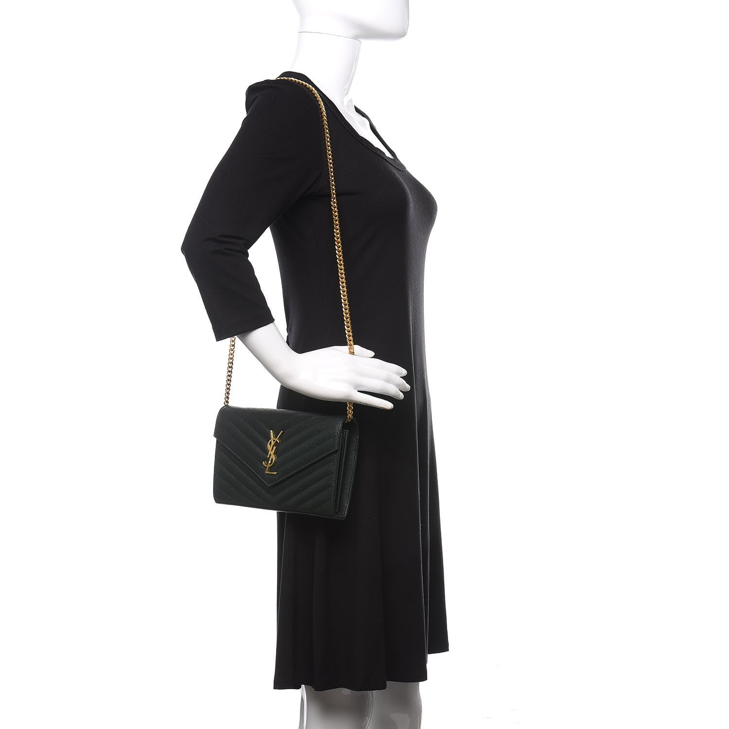 Saint Laurent Grain De Poudre Matelasse Chevron Monogram Chain Wallet Dark Green 2 of 10