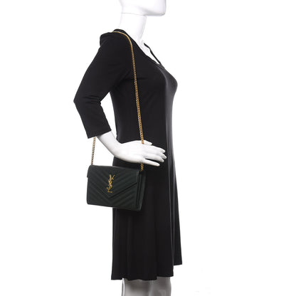 Saint Laurent Grain De Poudre Matelasse Chevron Monogram Chain Wallet Dark Green 2 of 10