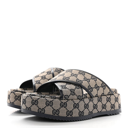 Gucci Monogram Criss Cross Platform Slide Sandals 37 Beige Blue 3 of 9