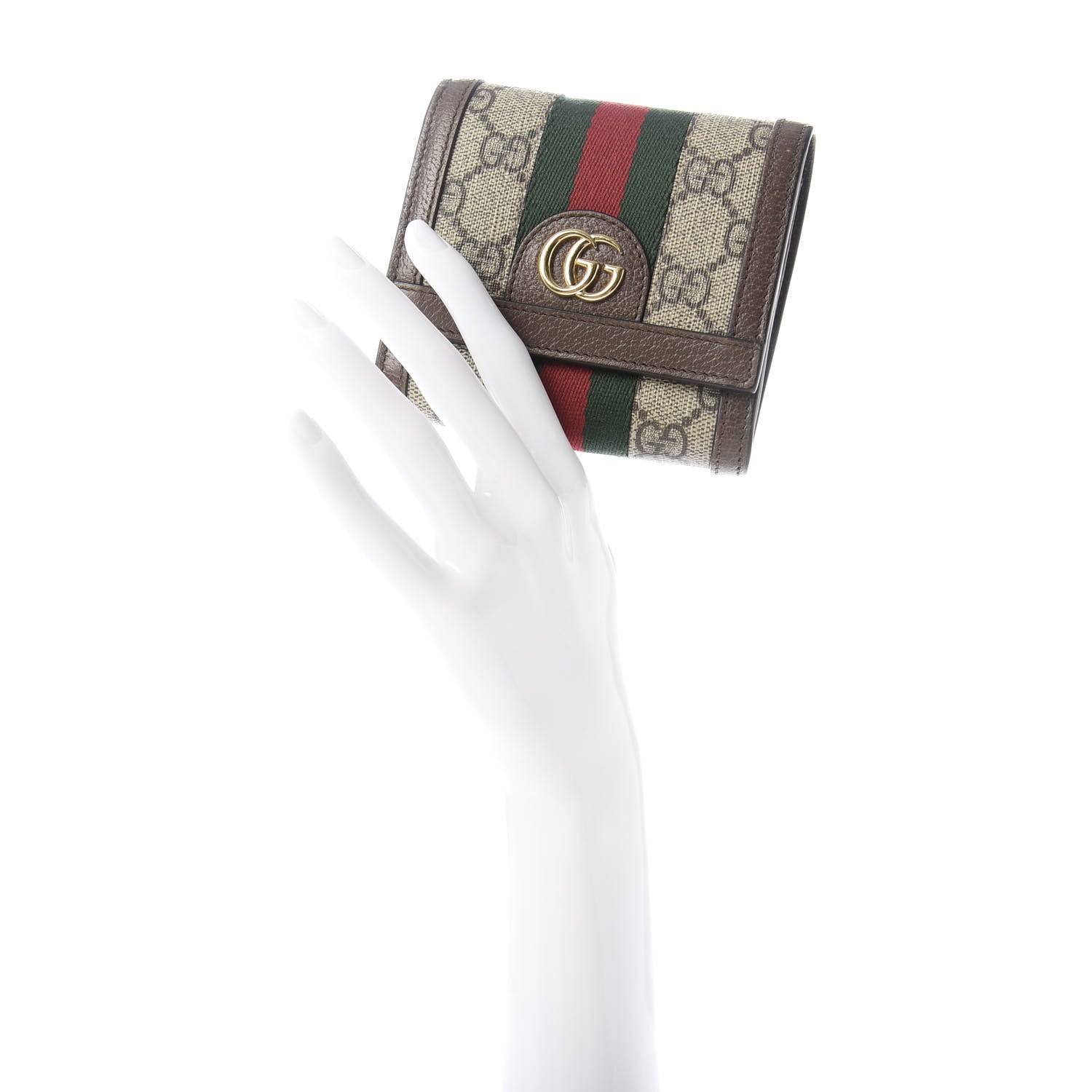 Gucci GG Supreme Monogram Textured Calfskin Web Ophidia Card Case Wallet Beige Ebony New Acero 2 of 6