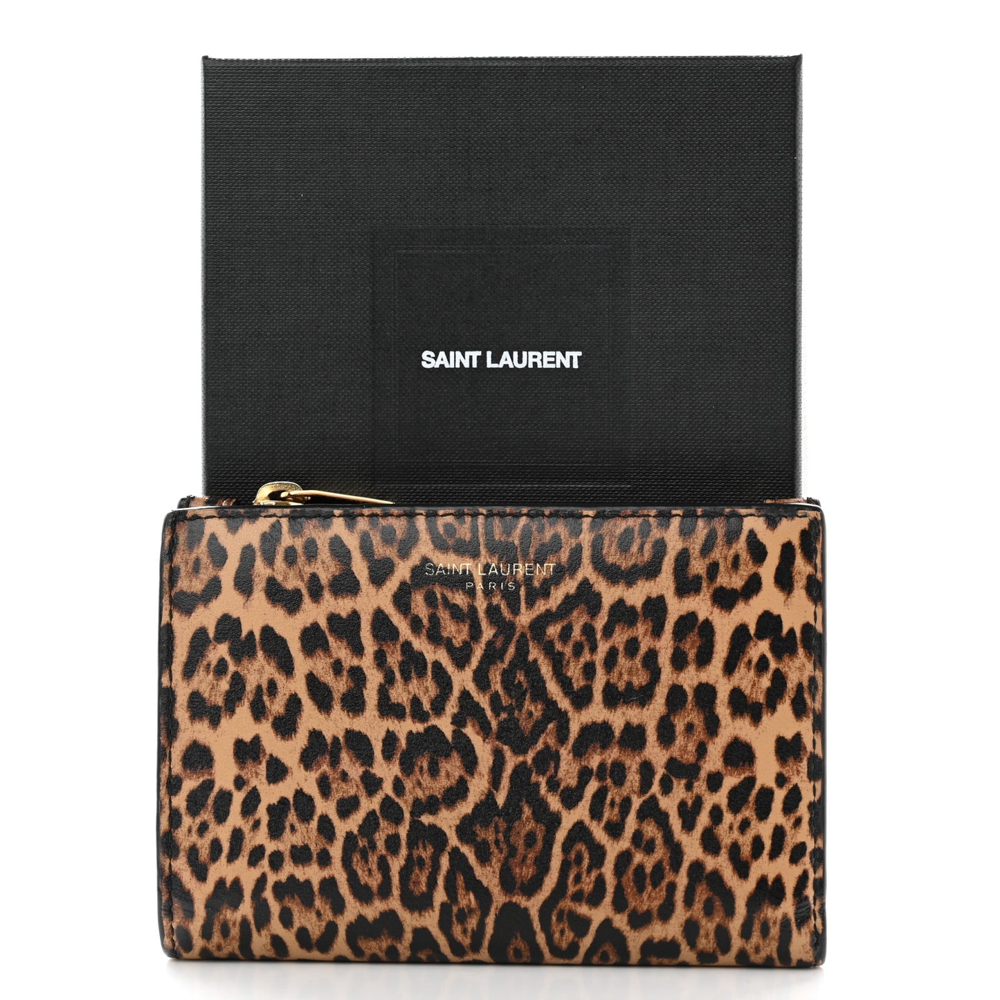 Calfskin Leopard Printed Monogram Bi-Fold Zipped Wallet Black