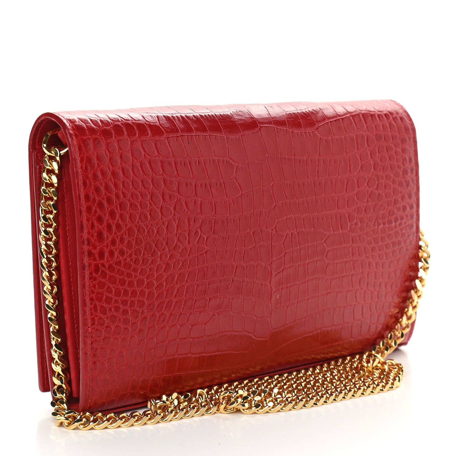 Saint Laurent Calfskin Crocodile Embossed Monogram Chain Wallet New Lipstick Red 3 of 11