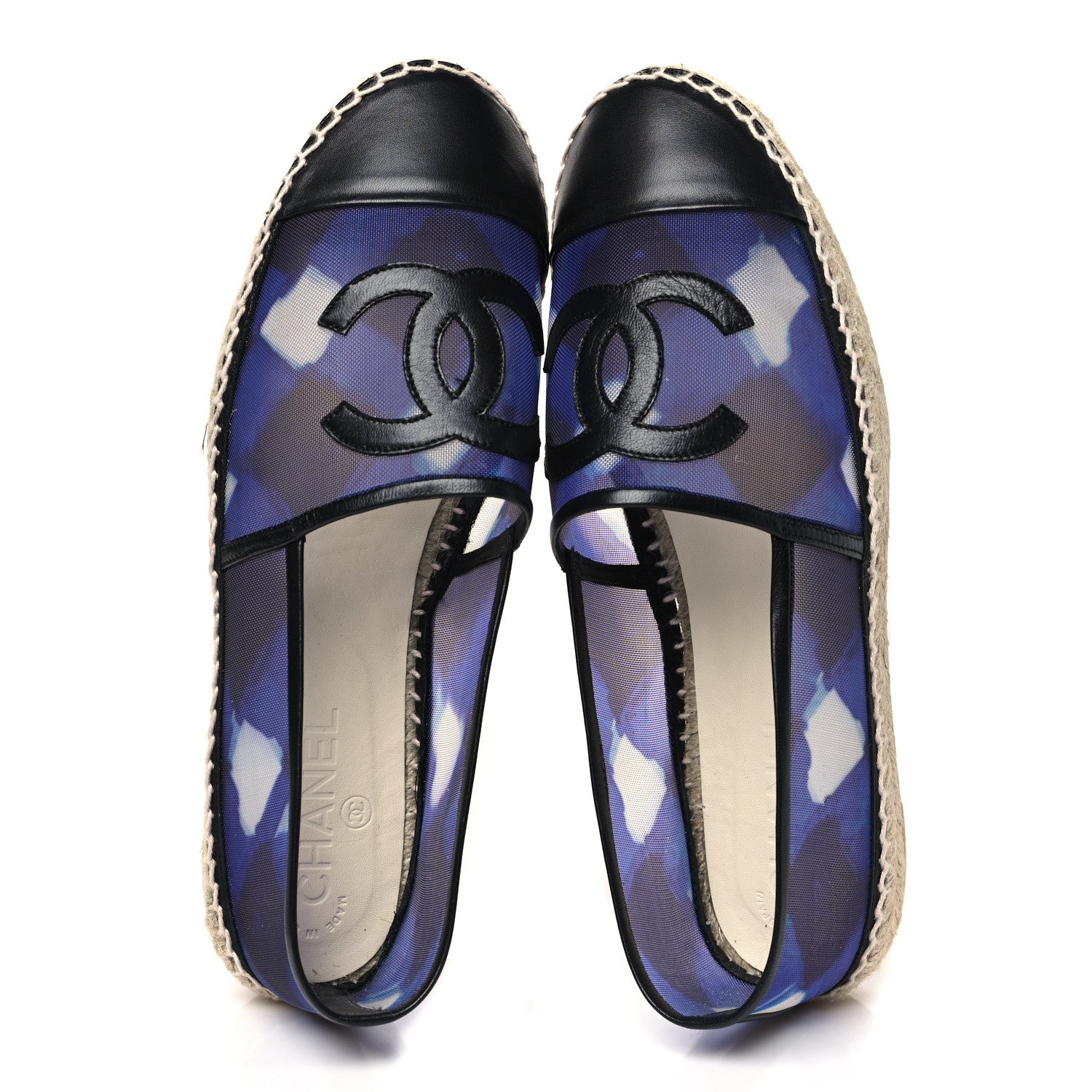 Chanel Mesh Lambskin Check Print CC Espadrilles 40 Blue Black White 2 of 10