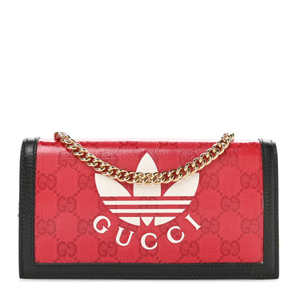 Gucci X ADIDAS Monogram Textured Dollar Calfskin Trefoil Embossed Wallet On Chain Hibiscus Red Off White Black 1 of 11