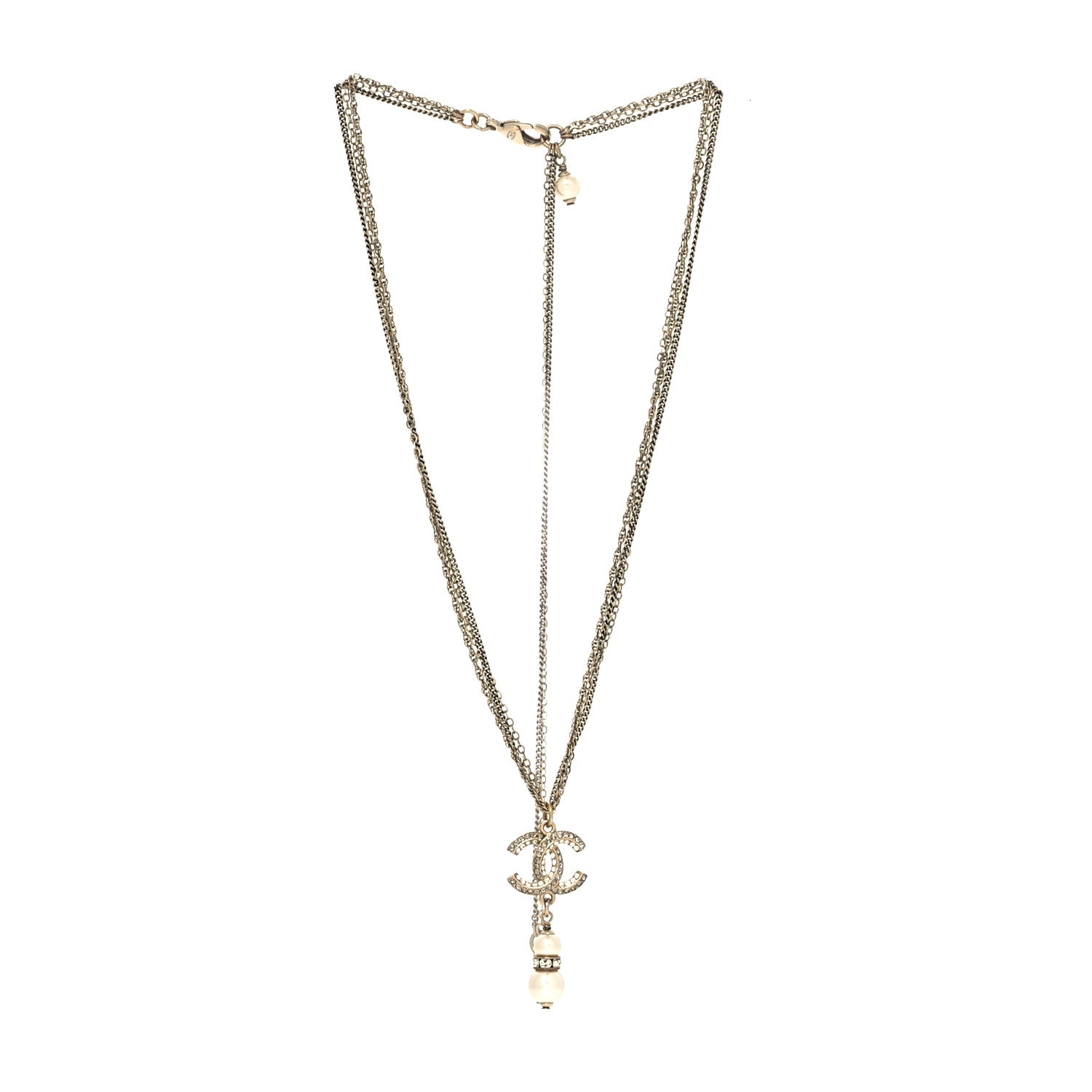 Chanel Crystal CC Pearl Drop Necklace Gold 3 of 5