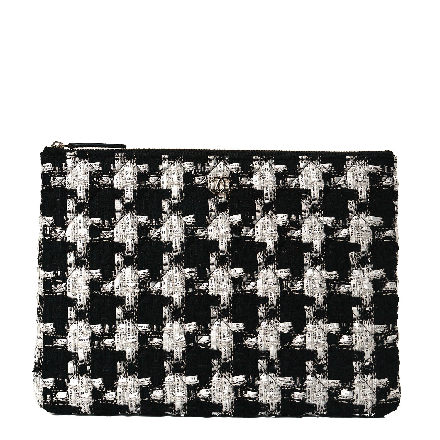 Chanel Tweed Quilted Medium Cosmetic Pouch Black Ecru White 1 of 8