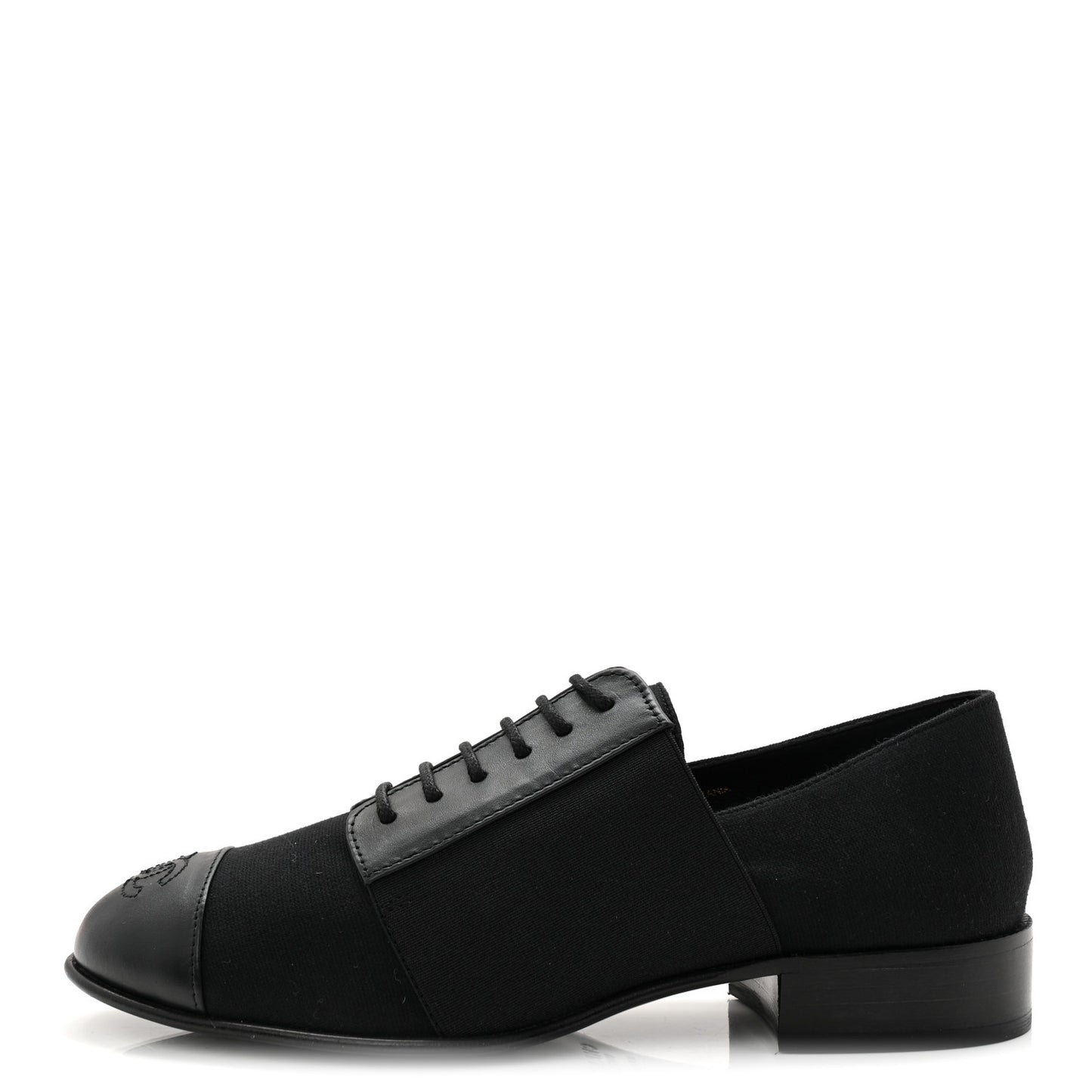 Calfskin Elastic Lace Up Cap Toe CC Loafers 35.5 Black