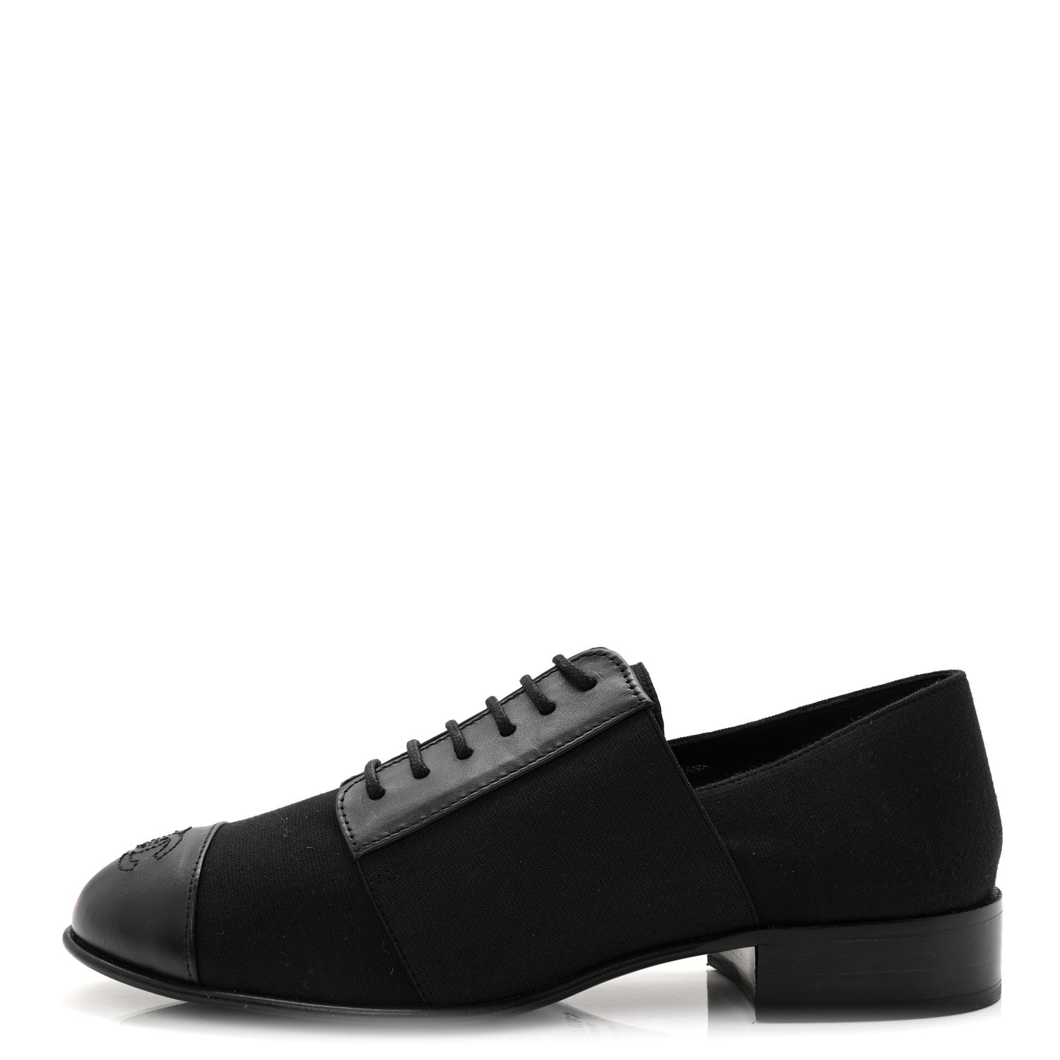 Chanel Calfskin Elastic Lace Up Cap Toe CC Loafers 35.5 Black 1 of 9