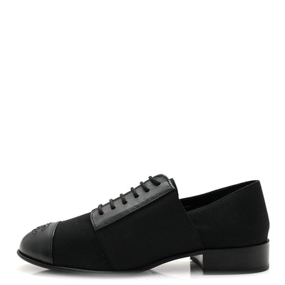 Chanel Calfskin Elastic Lace Up Cap Toe CC Loafers 35.5 Black 1 of 9