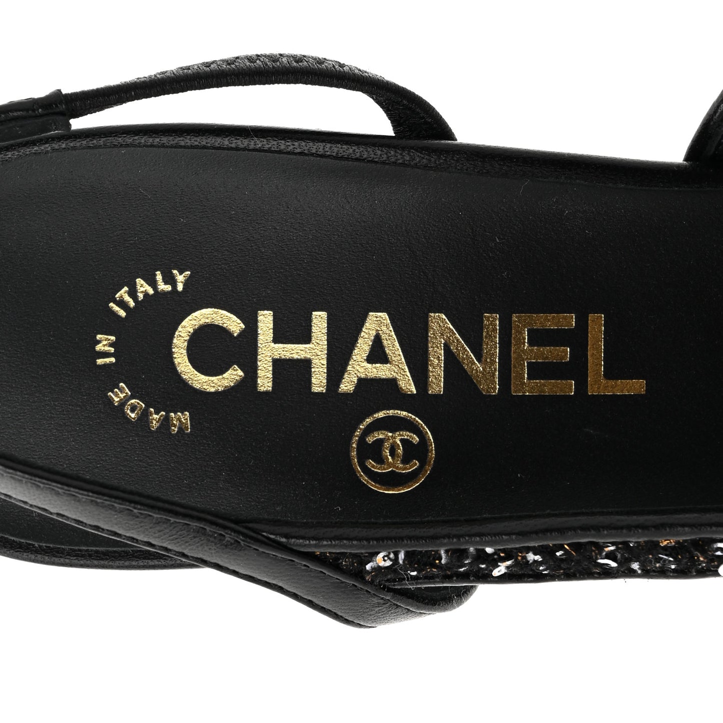 Tweed Sequins Goatskin Cap Toe CC Slingback Pumps 37 Black White Gold