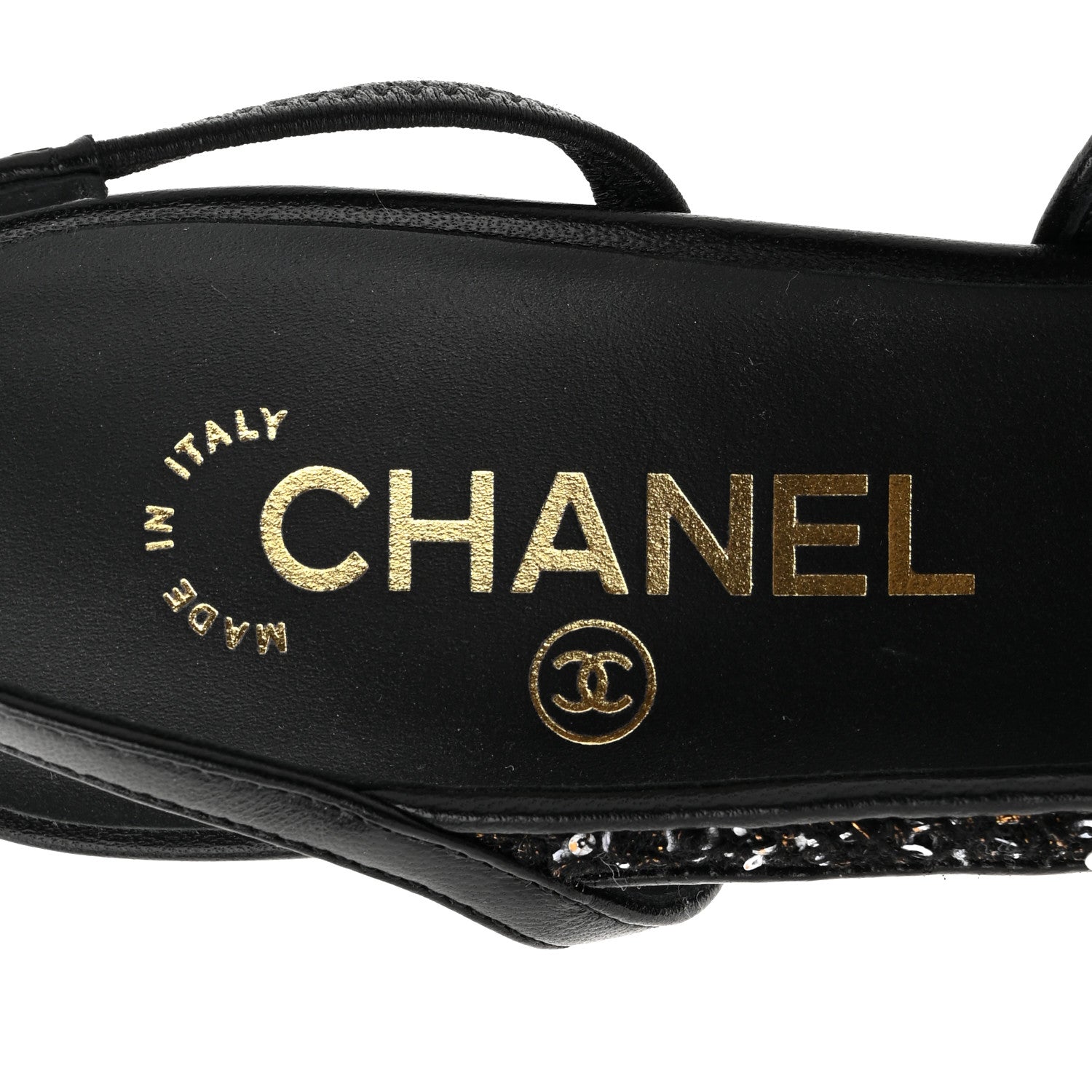 Chanel Tweed Sequins Goatskin Cap Toe CC Slingback Pumps 37 Black White Gold 9 of 10