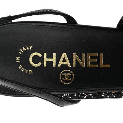 Chanel Tweed Sequins Goatskin Cap Toe CC Slingback Pumps 37 Black White Gold 9 of 10