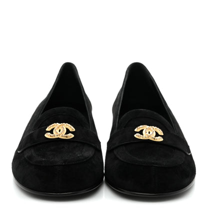 Chanel Suede Crystal CC Mocassin Loafers 39.5 Black 3 of 9