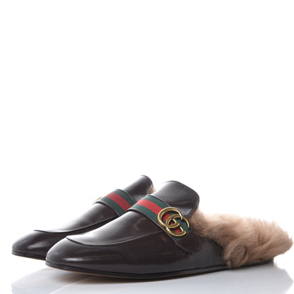 Gucci Goatskin Fur Web GG Mens Princetown Slippers 11 Cocoa 3 of 8