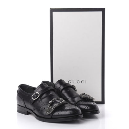 Gucci Calfskin Bee Embroidered Mens Queercore Brogue Wingtip Monk Strap Loafers 9 Black 10 of 13