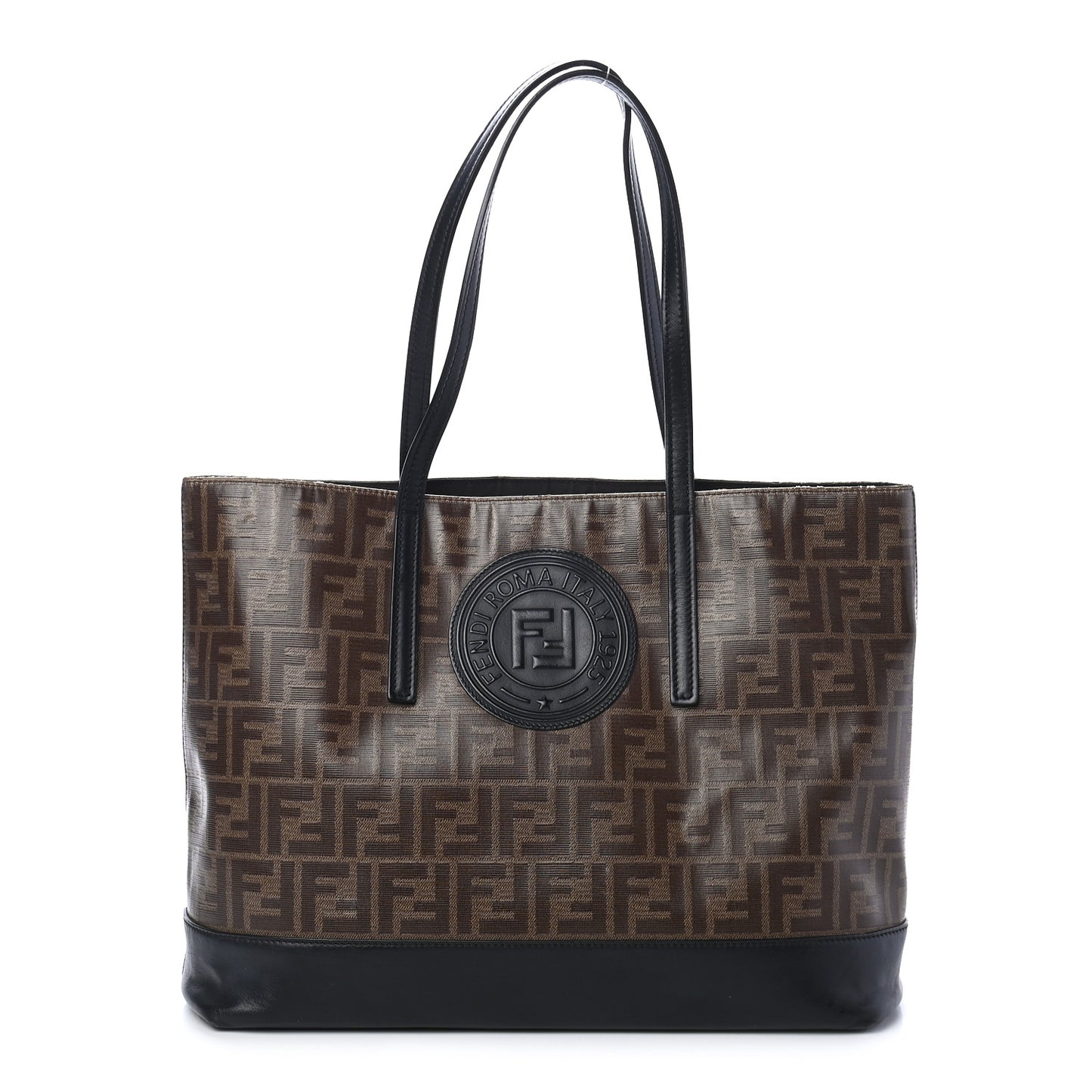 Glazed Fabric Vitello Century FF 1974 Stamp Patch Shopping Tote Mogano Panna Black