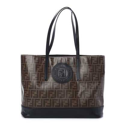 Fendi Glazed Fabric Vitello Century FF 1974 Stamp Patch Shopping Tote Mogano Panna Black 1 of 11