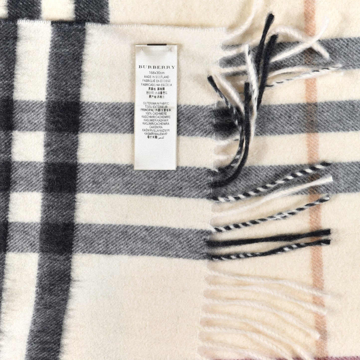 Cashmere Giant Check Fringe Scarf Ivory